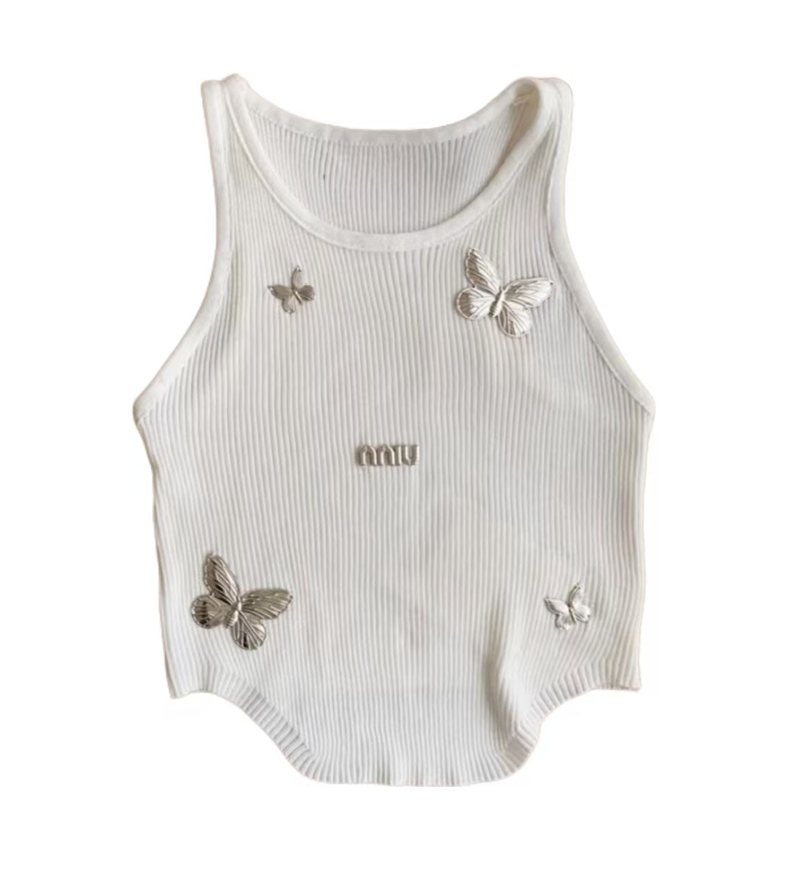 Miu Butterfly Embroidered Ribbed Tank Top