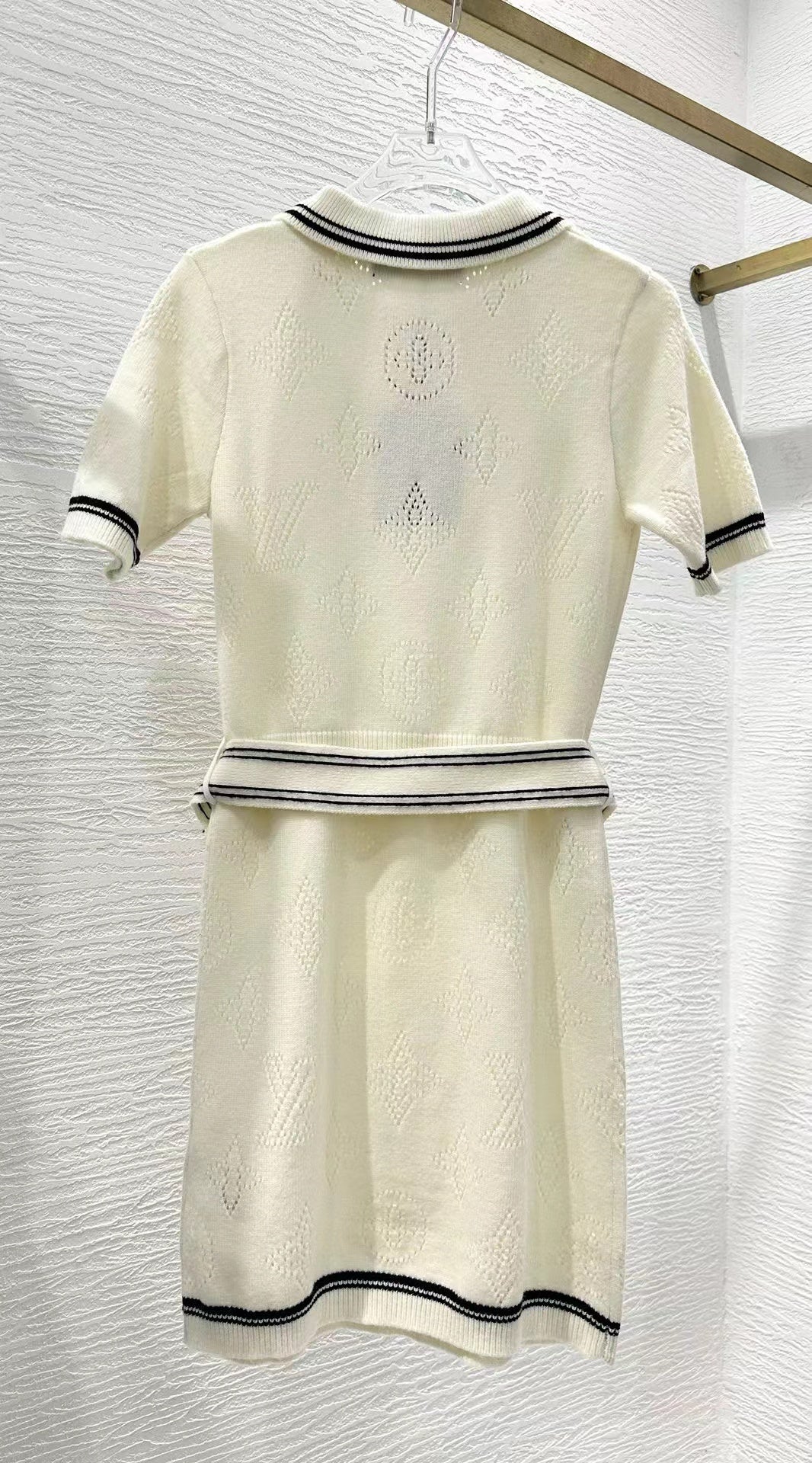 Stripe Accent Knit Polo Dress White Black Wool And Cashmere