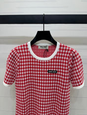 MIUMIU CREW NECK SHORT-SLEEVE PLAID KNIT TOP 274834