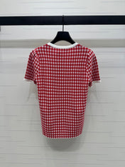 MIUMIU CREW NECK SHORT-SLEEVE PLAID KNIT TOP 274834